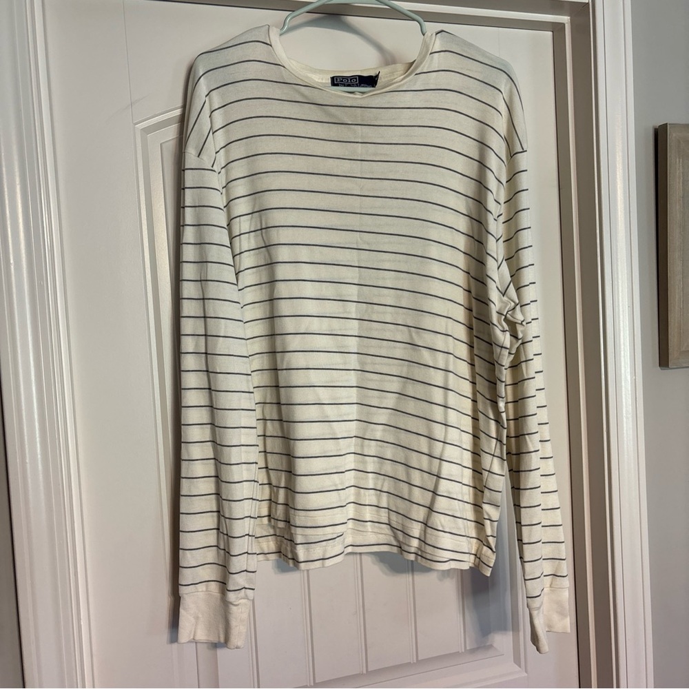 Polo Ralph Lauren Cream W/ Gray Stripe 💯 Cotton Size Large.